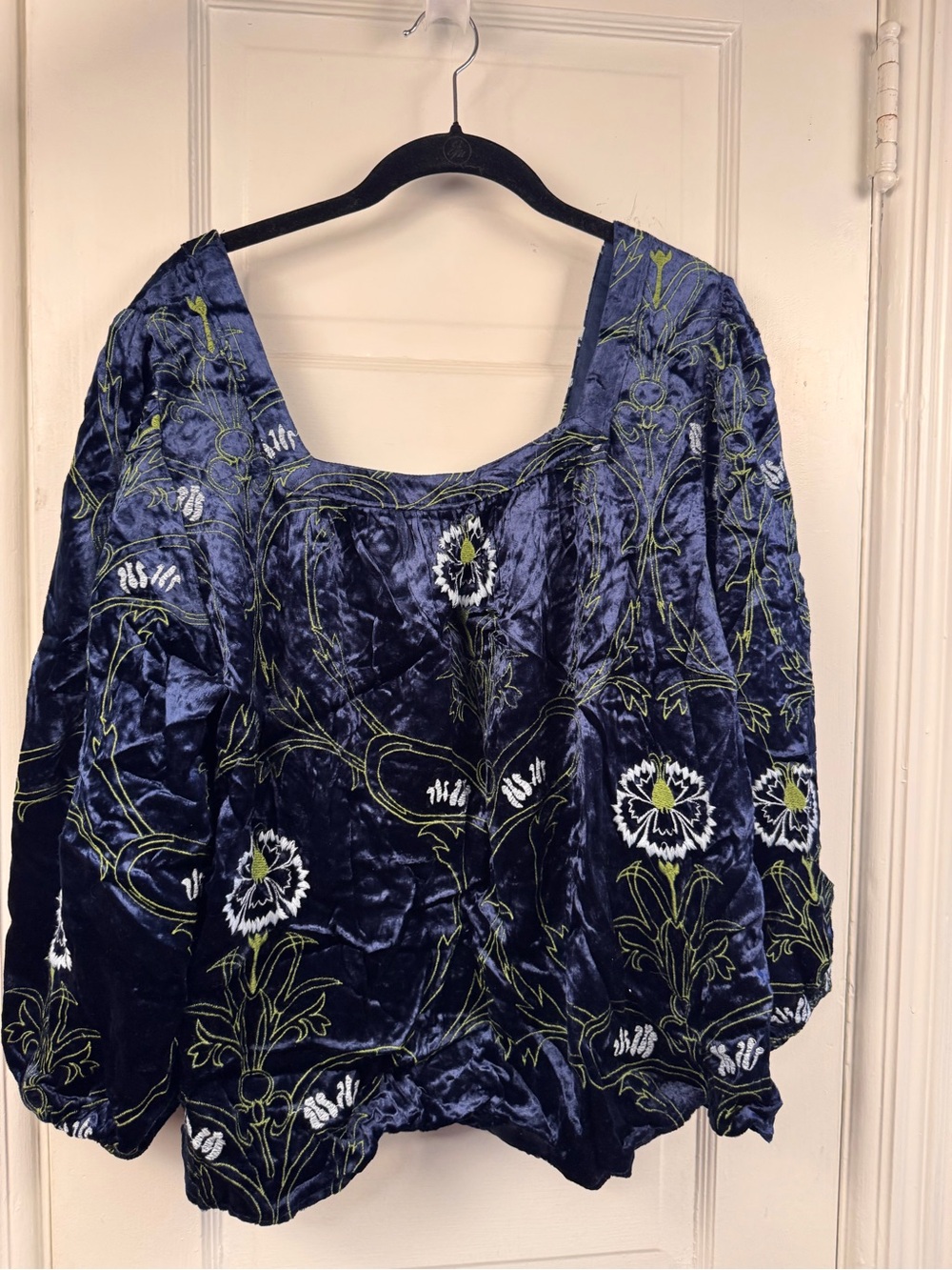 Anthropologie Navy Velvet Embroidered Peasant Blouse - Picture 3 of 5